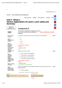 Week 8 - Various Applications of Lasers, Laser Safety and Summary