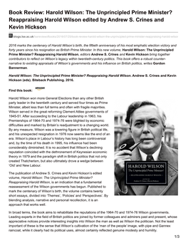 Book Review: Harold Wilson: the Unprincipled Prime Minister? Reappraising Harold Wilson Edited by Andrew S