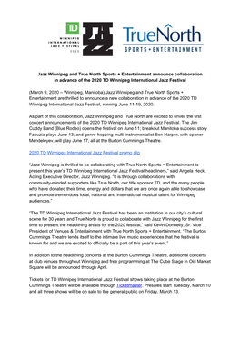 Jazz Winnipeg and True North Sports + Entertainment Announce Collaboration in Advance of the 2020 TD Winnipeg International Jazz Festival