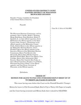 United States District Court Eastern District of Wisconsin Milwaukee Division Order on Motion for Leave to File One Oversized Re