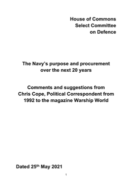 House of Commons Select Committee on Defence the Navy's Purpose and Procurement Over the Next 20 Years Comments and Suggestion