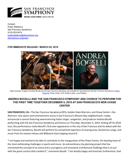 Andrea Bocelli and the San Francisco Symphony and Chorus to Perform for the First Time Together December 5, 2019 at San Francisco's New Chase Center