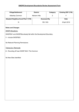 SWDPR Development Boundaries Review Assessment Form Village/Settlement Abberley Common District Malvern Hills Category 2 Existin