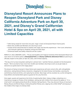 Disneyland Resort Announces Plans to Reopen Disneyland Park And