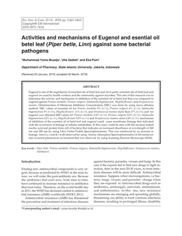 Activities and Mechanisms of Eugenol and Esential Oil Betel Leaf (Piper Betle, Linn) Against Some Bacterial Pathogens