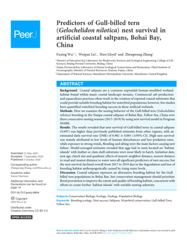 Gelochelidon Nilotica) Nest Survival in Artificial Coastal Saltpans, Bohai Bay, China