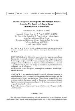 Atlanta Selvagensis, a New Species of Heteropod Mollusc from the Northeastern Atlantic Ocean (Gastropoda: Carinarioidea)