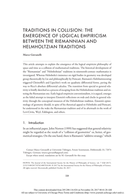 Traditions in Collision: the Emergence of Logical Empiricism Between the Riemannian and Helmholtzian Traditions