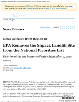 Epa Removes Shpack Landfill Site from National