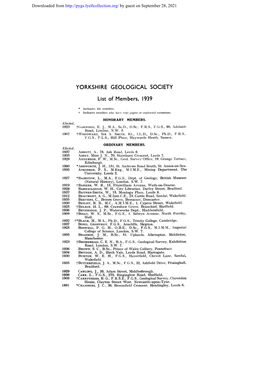 YORKSHIRE GEOLOGICAL SOCIETY List of Members, 1939