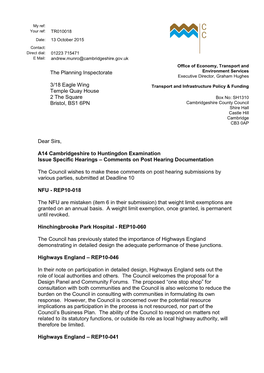 Dear Sirs, A14 Cambridgeshire to Huntingdon Examination Issue Specific Hearings