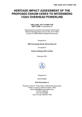 HERITAGE IMPACT ASSESSMENT of the PROPOSED ESKOM CERES to WITZENBERG 132Kv OVERHEAD POWERLINE