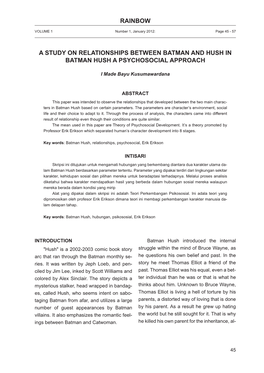 Rainbow a Study on Relationships Between Batman and Hush in Batman Hush a Psychosocial Approach