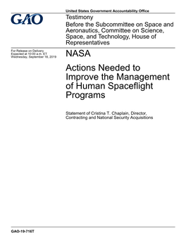 NASA: Actions Needed to Improve the Management of Human Spaceflight