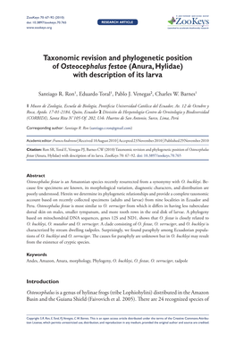 Taxonomic Revision and Phylogenetic Position of Osteocephalus Festae (Anura, Hylidae) with Description of Its Larva