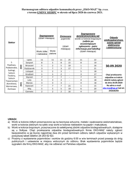 Harmonogram Odbioru Odpadów Komunalnych Przez „EKO-MAZ” Sp