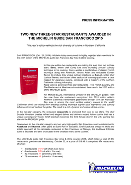 Two New Three-Star Restaurants Awarded in the Michelin Guide San Francisco 2015