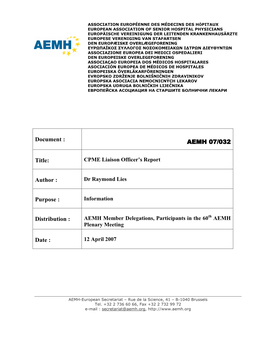 07-032 CPME Liaison Officer S Report.Doc CPME Liaison Officer’S Report Dr Raymond Lies