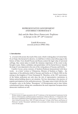 Representative Government and Direct Democracy Italy and the Main Direct Democratic Traditions in Europe in the 19Th–20Th Centuries*