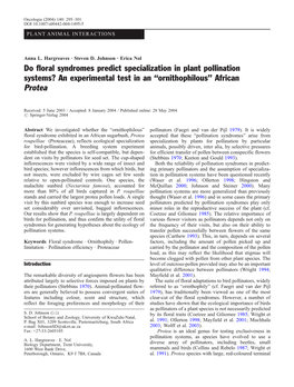 Do Floral Syndromes Predict Specialization in Plant Pollination Systems? an Experimental Test in an “Ornithophilous” African Protea