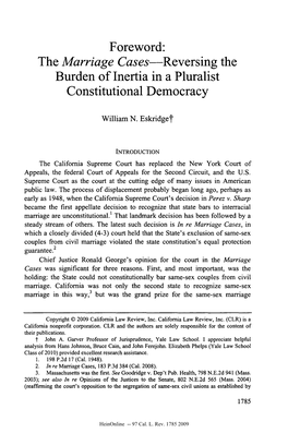 The Marriage Cases-Reversing the Burden of Inertia in a Pluralist Constitutional Democracy