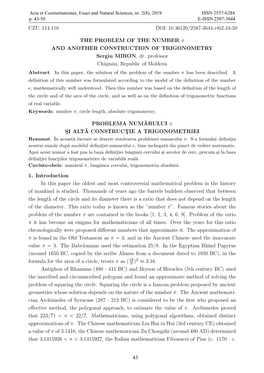 CZU: 514.116 DOI: 10.36120/2587-3644.V8i2.43-50 the PROBLEM of the NUMBER Π and ANOTHER CONSTRUCTION of TRIGONOMETRY Sergiu