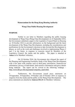 Memorandum for the Hong Kong Housing Authority Wang Chau Public Housing Development PURPOSE Further to Our Letter to Members