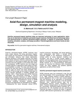 Axial-Flux Permanent-Magnet Machine Modeling, Design, Simulation and Analysis