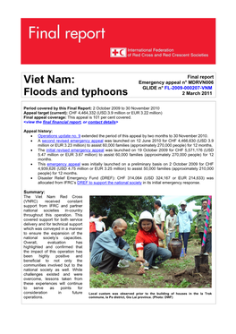 Viet Nam: Emergency Appeal N° MDRVN006 GLIDE N° FL-2009-000207-VNM Floods and Typhoons 2 March 2011