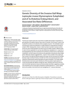 Genetic Diversity of the Invasive Gall Wasp Leptocybe Invasa (Hymenoptera: Eulophidae) and of Its Rickettsia Endosymbiont, and Associated Sex-Ratio Differences