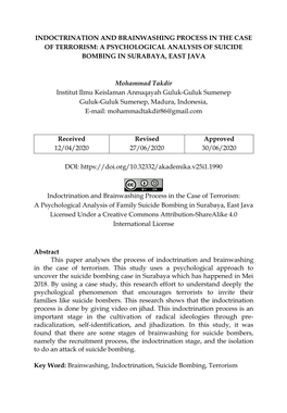 Indoctrination and Brainwashing Process in the Case of Terrorism: a Psychological Analysis of Suicide Bombing in Surabaya, East Java