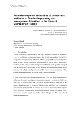 Studies in Planning and Management Transition in the Karachi Metropolitan Region