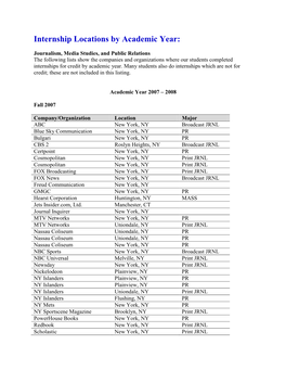 Internship Locations by Academic Year