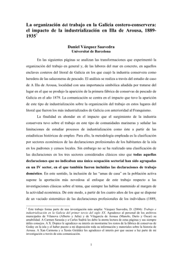 La Organización Del Trabajo En La Galicia Costero-Conservera: El Impacto De La Industrialización En Illa De Arousa, 1889- 19351