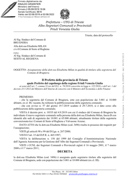 Prefettura – UTG Di Trieste Albo Segretari Comunali E Provinciali Friuli Venezia Giulia