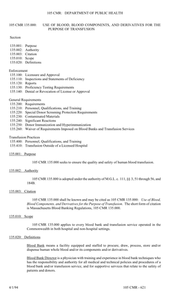 621 105 Cmr 135.000: Use of Blood, Blood Components, and Derivatives Fo