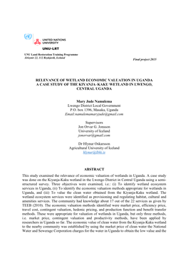 Relevance of Wetland Economic Valuation in Uganda. a Case Study of the Kiyanja–Kaku Wetland in Lwengo