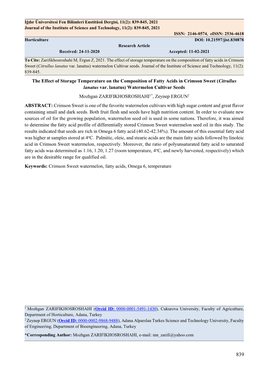 The Effect of Storage Temperature on the Composition of Fatty Acids in Crimson Sweet (Citrullus Lanatus Var