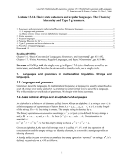 Lecture 13-14. Finite State Automata and Regular Languages. the Chomsky Hierarchy and Type 3 Grammars