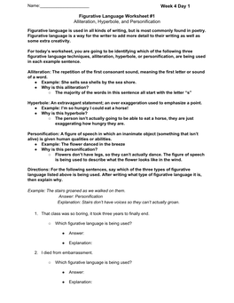 Figurative Language Worksheet #1 Alliteration, Hyperbole, and Personification