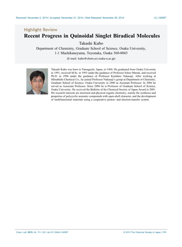 Recent Progress in Quinoidal Singlet Biradical Molecules