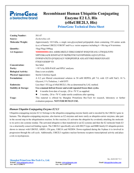 Recombinant Human Ubiquitin Conjugating Enzyme E2 L3, His (Rhuube2l3, His) Primegene Technical Data Sheet