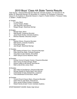 2010 Boys' Class 4A State Tennis Results