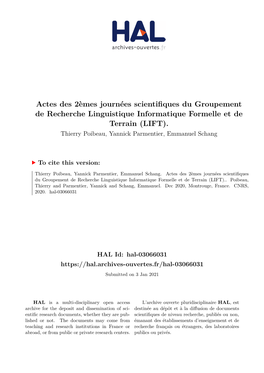 Actes Des 2Èmes Journées Scientifiques Du Groupement De Recherche Linguistique Informatique Formelle Et De Terrain (LIFT)