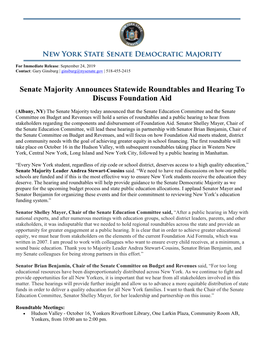 Senate Majority Announces Statewide Roundtables and Hearing to Discuss Foundation Aid