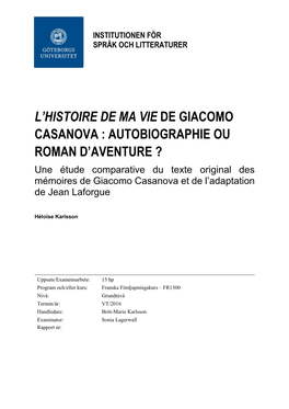 L'histoire De Ma Vie De Giacomo Casanova