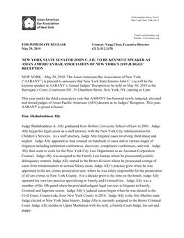 New York State Senator John C. Liu to Be Keynote Speaker at Asian American Bar Association of New York’S 2019 Judges’ Reception