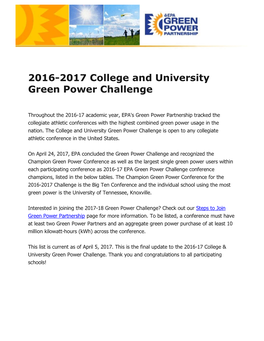 2016-2017 College and University Green Power Challenge