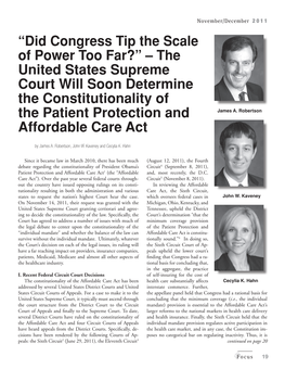 “Did Congress Tip the Scale of Power Too Far?” – the United States Supreme Court Will Soon Determine the Constitutionality of the Patient Protection and James A