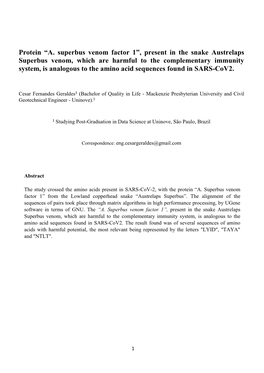 Present in the Snake Austrelaps Superbus Venom, Which Are Harmful to the Complementary Immunity System, Is Analogous to the Amino Acid Sequences Found in SARS-Cov2